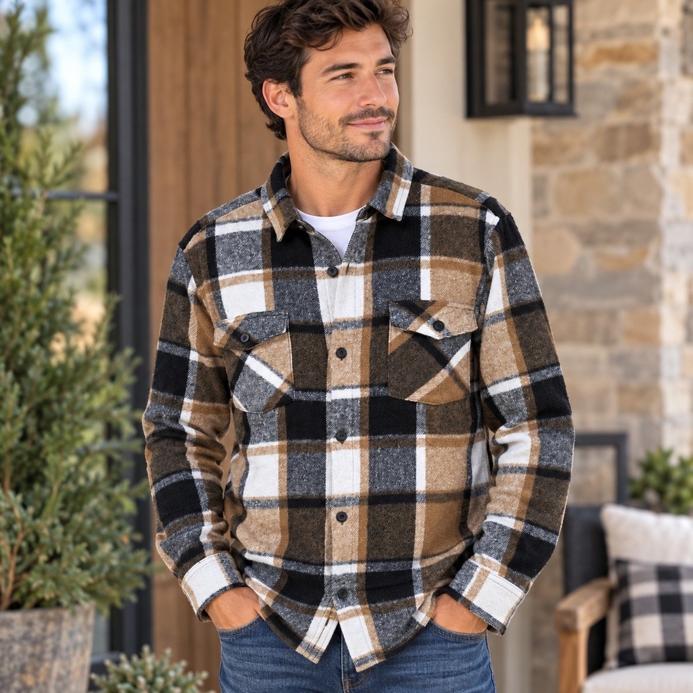 Original Deluxe Supply Mens Plaid Flannel Button Down Shirt Brown Black White S